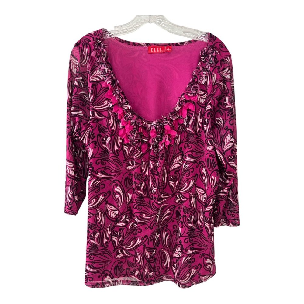 ELLE Women’s 1X Pink Black Swirl Print Top with Petal Neckline 3/4 Sleeve